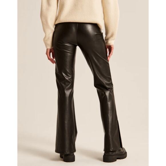 Abercrombie & Fitch Tall Black Vegan Leather High Rise Flare Side Slit Pants ML - Picture 4 of 9